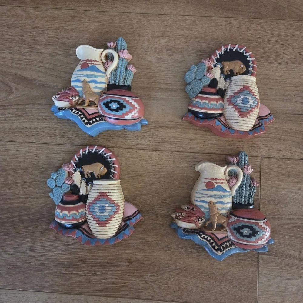 Vintage GIA Inc 1997 Southwestern Wall Art Plaques Wolf Buffalo Set of 4 3374-1A